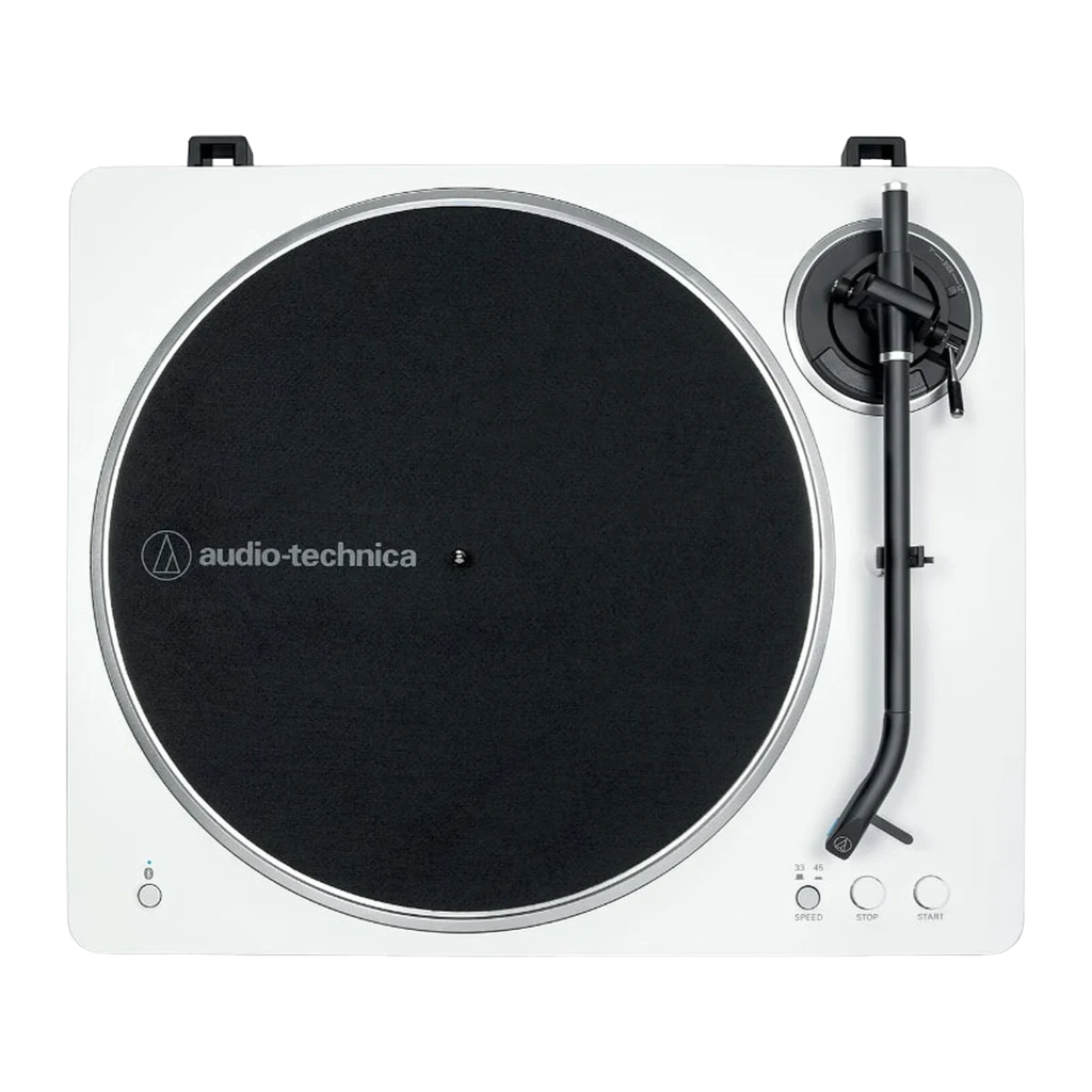 Audio-Technica AT-LP70XBTWS blanc, vue en perspective: couvercle acrylique ouvert, plateau noir avec logo, bras tonearm et - Ítem3