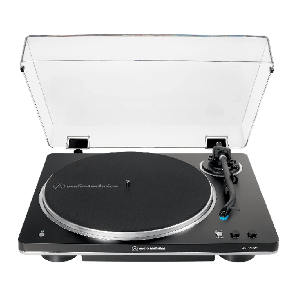 Audio-Technica AT-LP70XBTBS noir, vue avant en angle: couvercle acrylique ouvert, plateau, bras et boutons Speed Stop Start - Ítem2