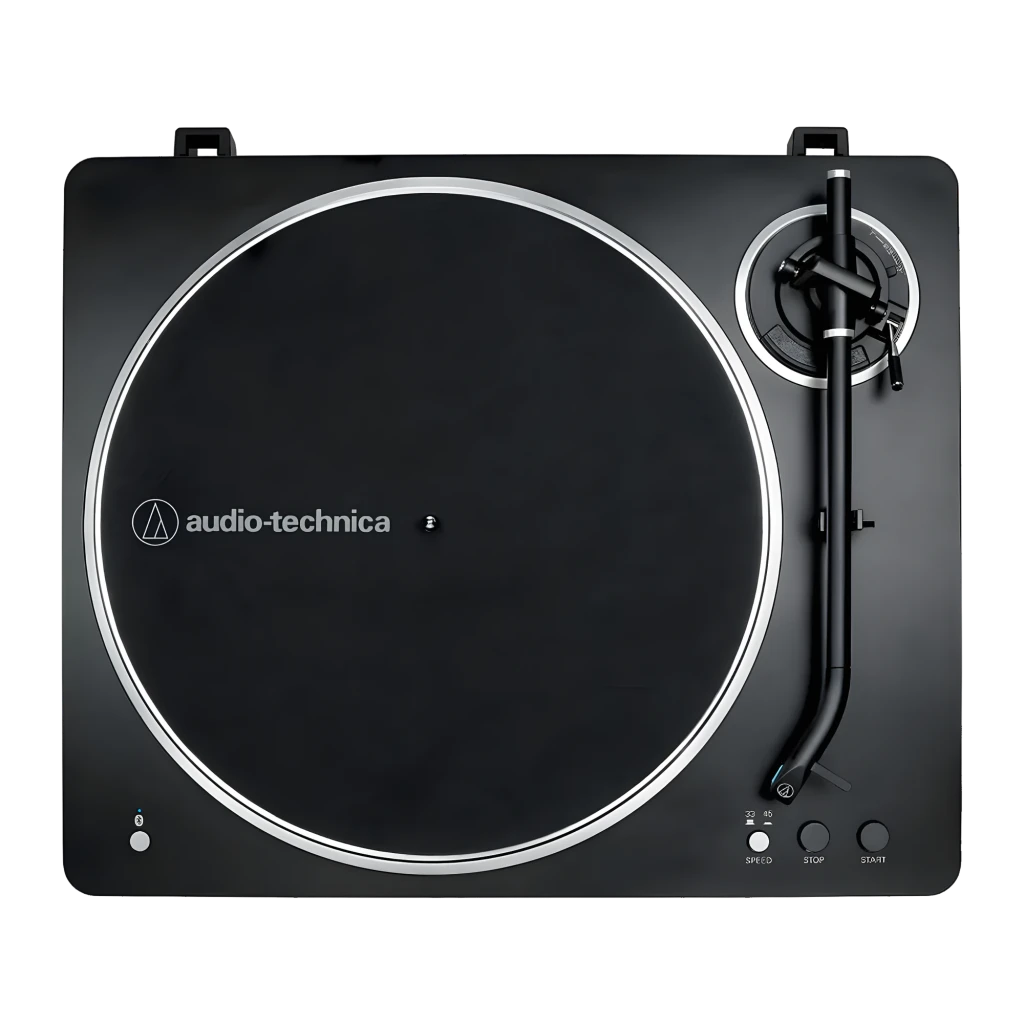 Audio-Technica AT-LP70XBTBS noir, vue avant en angle: couvercle acrylique ouvert, plateau, bras et boutons Speed Stop Start - Ítem4