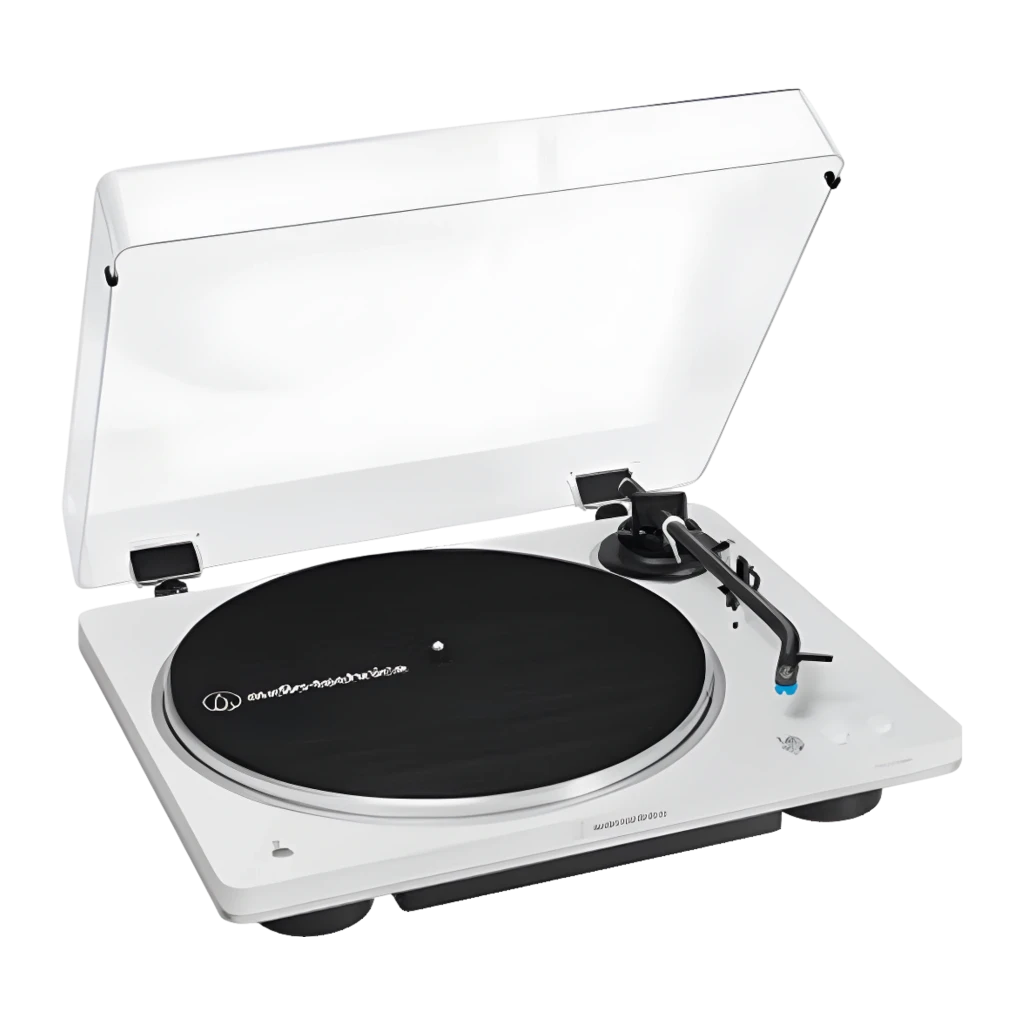 Audio-Technica AT-LP60XBT blanc, vue de dessus avant: couvercle acrylique ouvert, plateau noir avec logo, bras et cellule - Ítem1