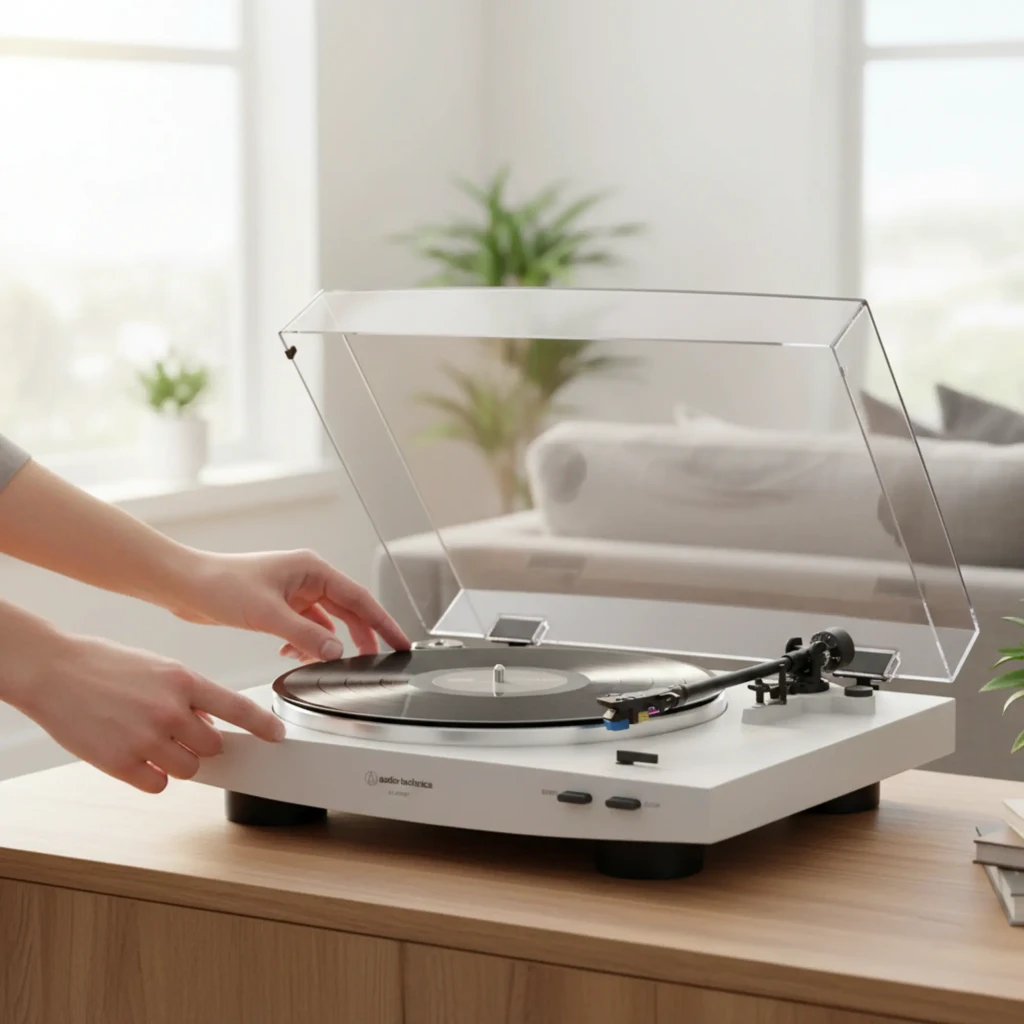 Audio-Technica AT-LP60XBT blanc, vue de dessus avant: couvercle acrylique ouvert, plateau noir avec logo, bras et cellule - Ítem4