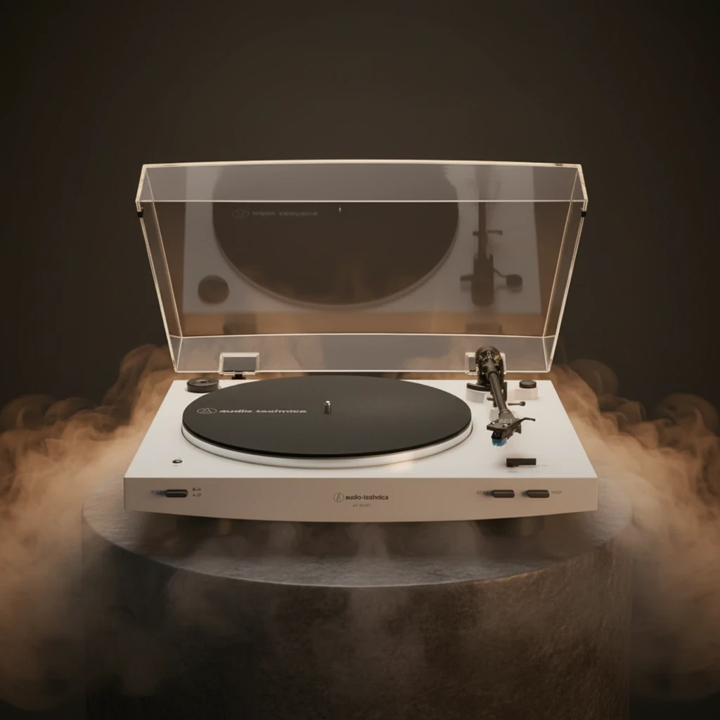 Audio-Technica AT-LP60XBT blanc, vue de dessus avant: couvercle acrylique ouvert, plateau noir avec logo, bras et cellule - Ítem3