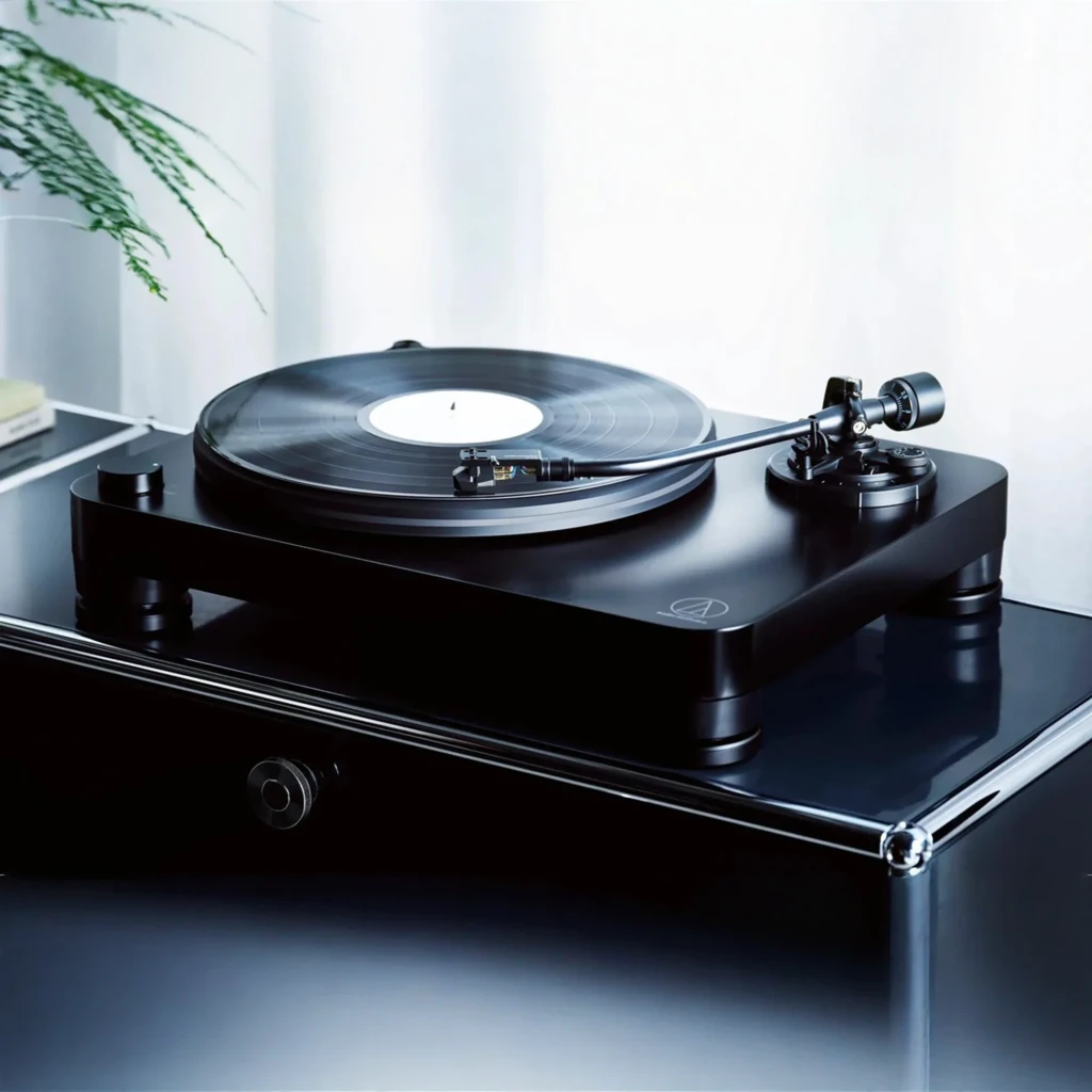 Audio-Technica AT-LP5X noir, vue de face en angle: couvercle acrylique ouvert, plateau aluminium et bras de lecture visibles - Ítem4