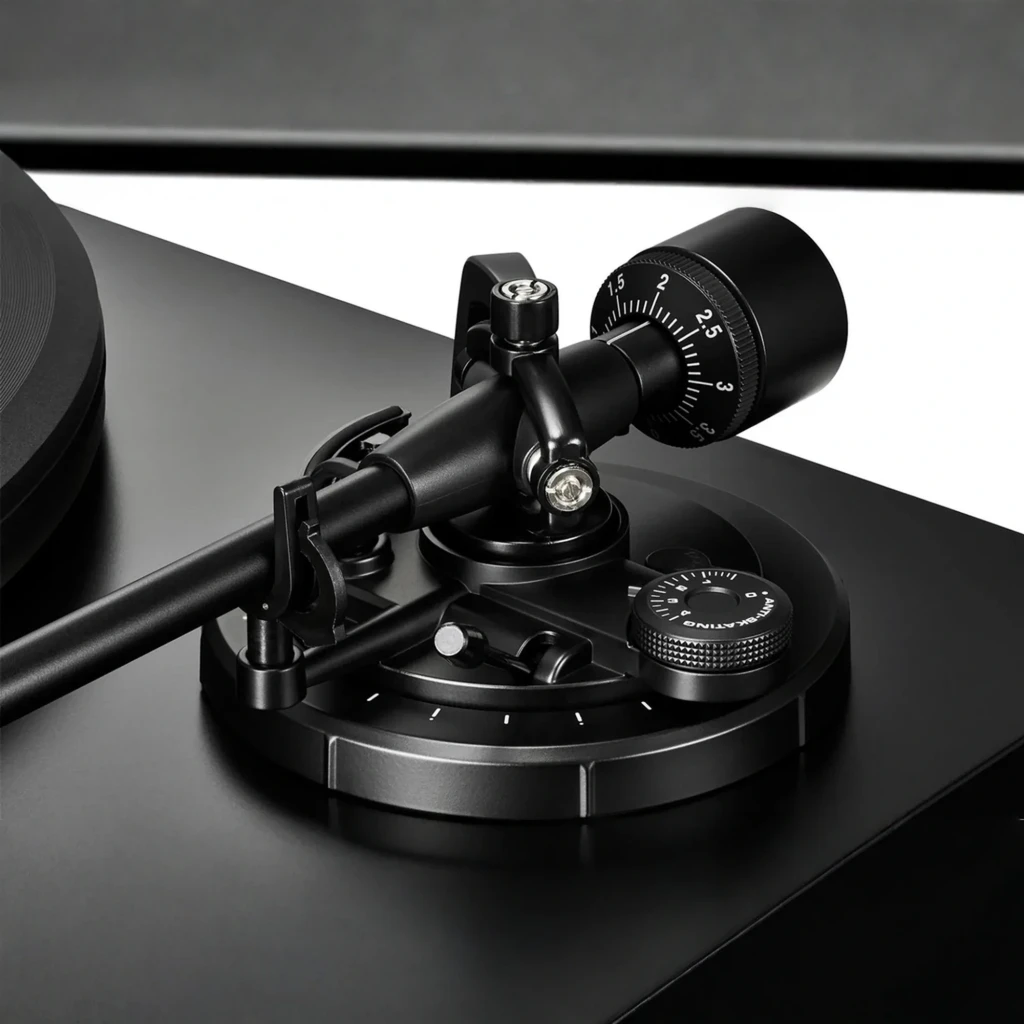 Audio-Technica AT-LP5X noir, vue de face en angle: couvercle acrylique ouvert, plateau aluminium et bras de lecture visibles - Ítem5
