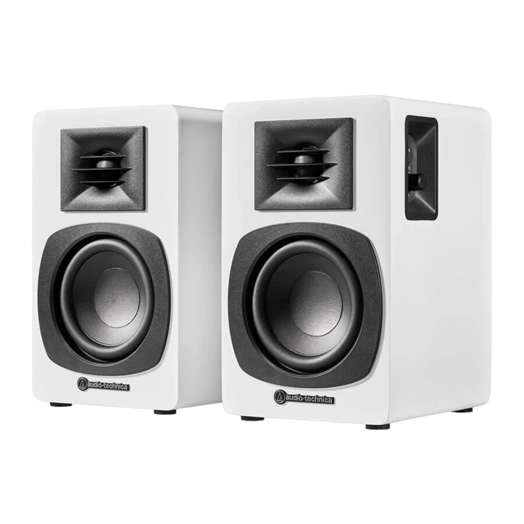 Audio-Technica AT-SP3X Branco, vista frontal par: woofer e tweeter pretos em gabinete branco com logo - Item1
