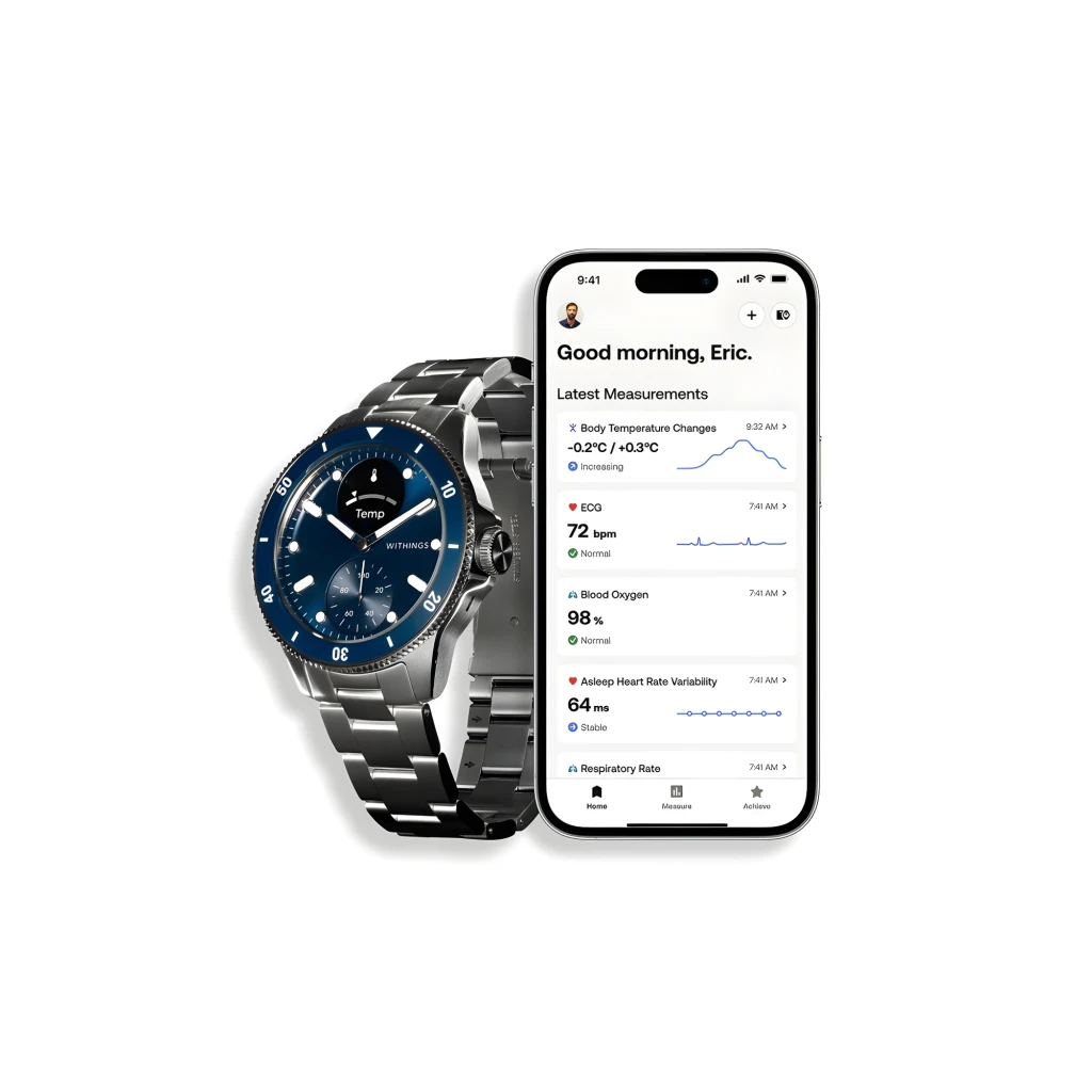 Withings ScanWatch Nova 42mm bleu, vue de face: cadran bleu avec lunette tournante, écran ECG actif et bracelet en acier - Ítem2