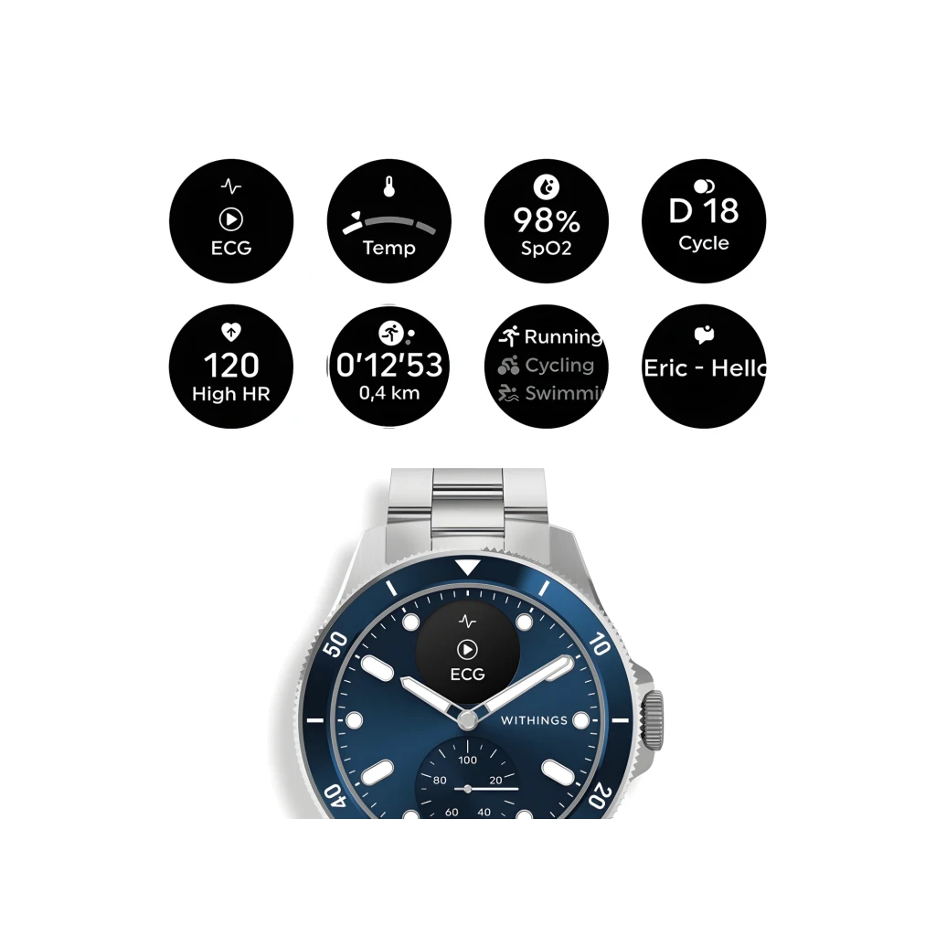 Withings ScanWatch Nova 42mm bleu, vue de face: cadran bleu avec lunette tournante, écran ECG actif et bracelet en acier - Ítem3