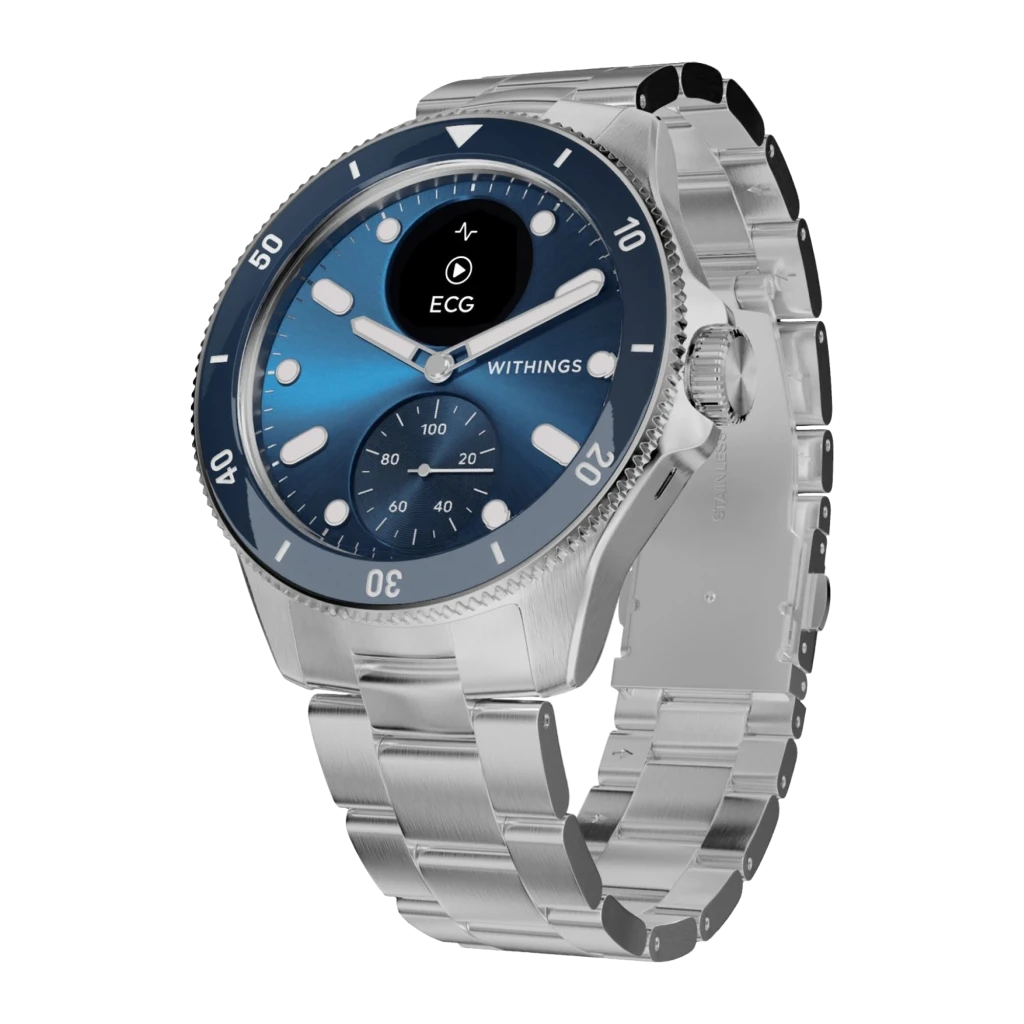 Withings ScanWatch Nova 42mm bleu, vue de face: cadran bleu avec lunette tournante, écran ECG actif et bracelet en acier - Ítem1