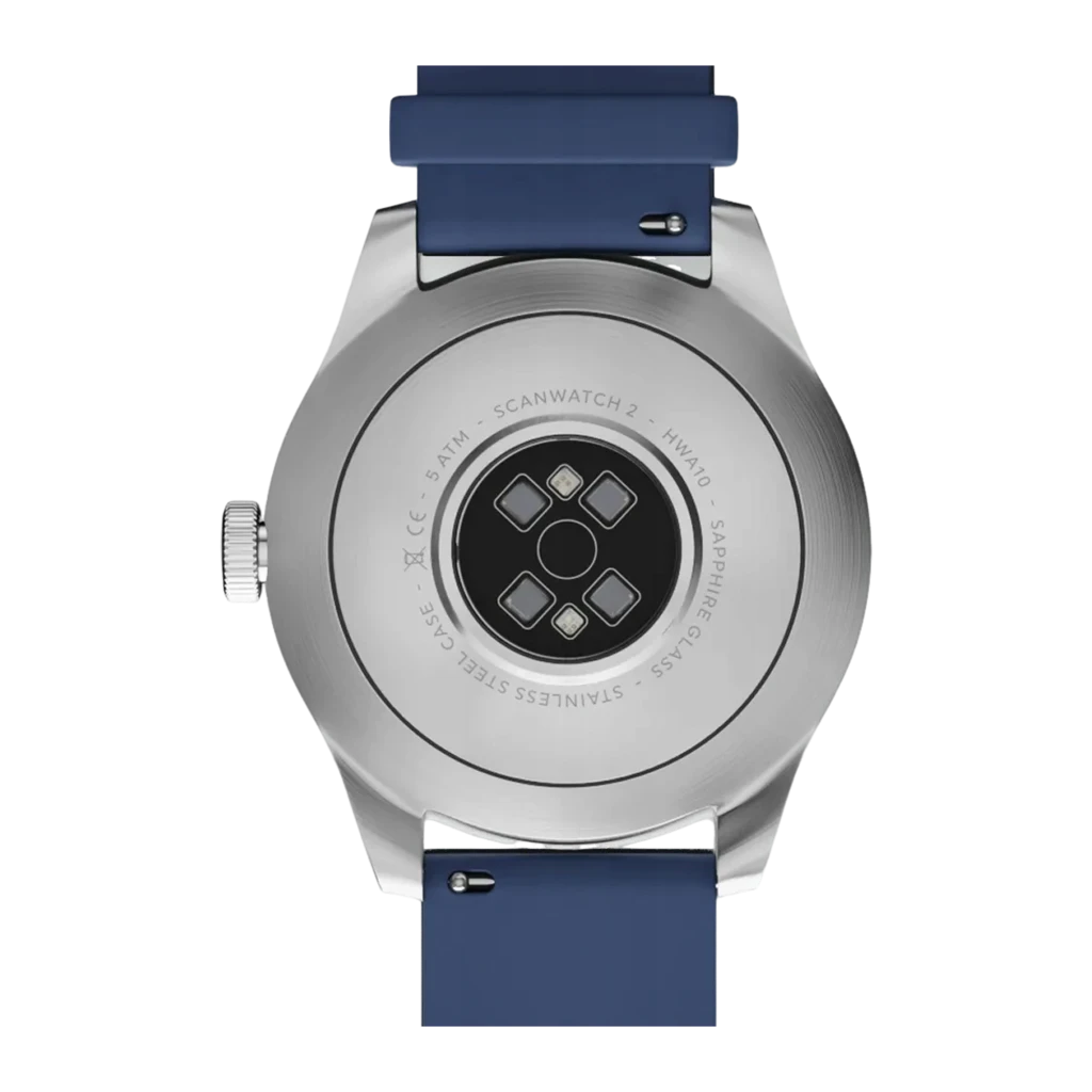Withings ScanWatch 2 42mm azul, vista en ángulo: pantalla BPM activa, corona lateral y correa de silicona azul visibles - Ítem2