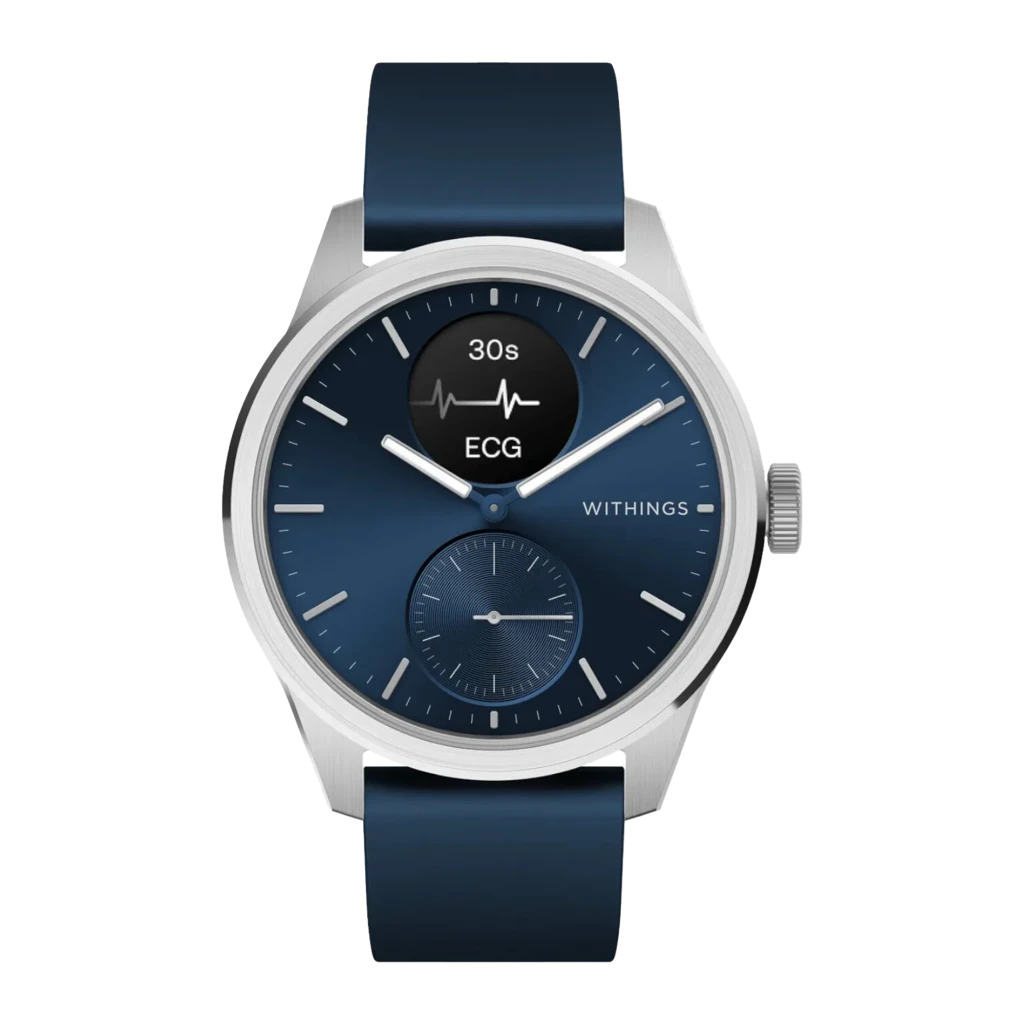 Withings ScanWatch 2 42mm azul, vista en ángulo: pantalla BPM activa, corona lateral y correa de silicona azul visibles - Ítem1