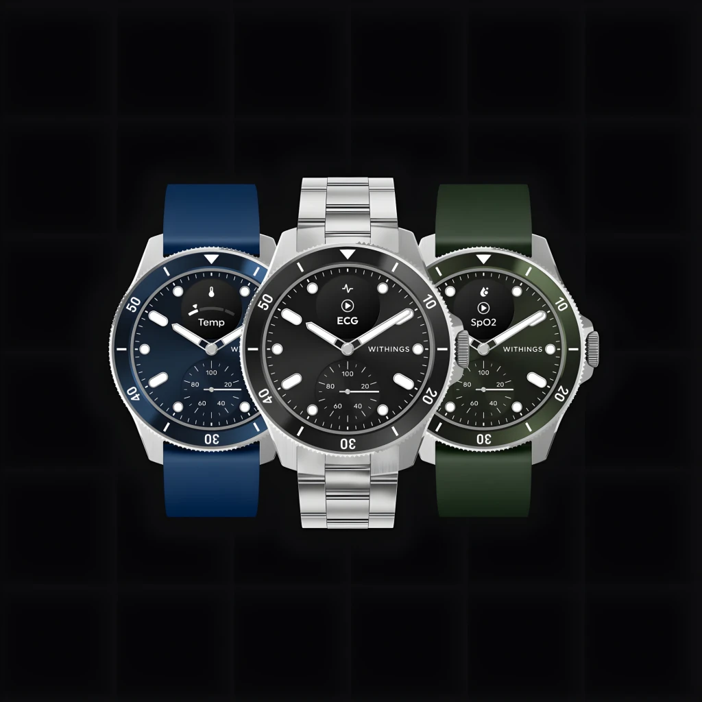 Withings ScanWatch 2 42mm azul, vista en ángulo: pantalla BPM activa, corona lateral y correa de silicona azul visibles - Ítem4