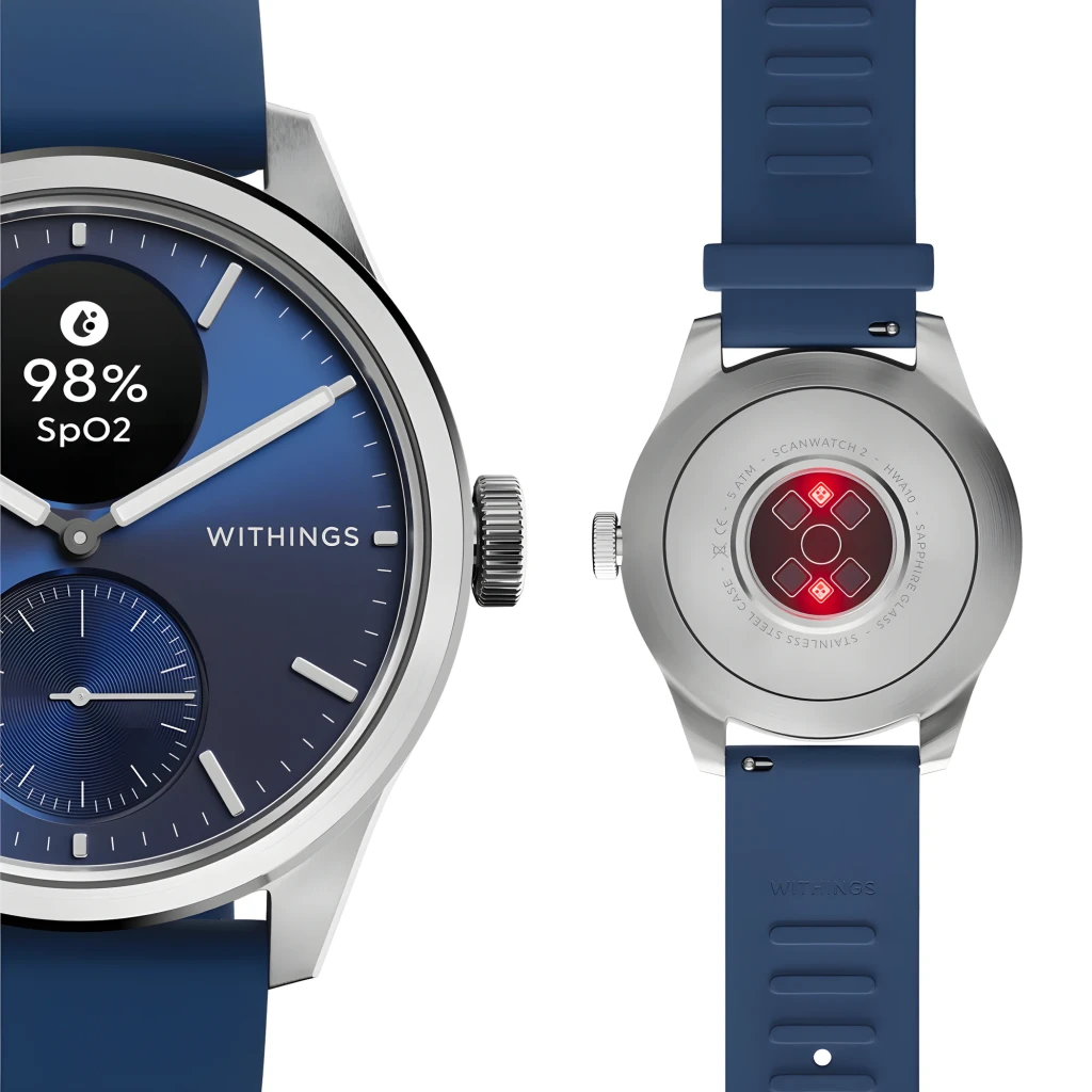 Withings ScanWatch 2 42mm azul, vista en ángulo: pantalla BPM activa, corona lateral y correa de silicona azul visibles - Ítem3