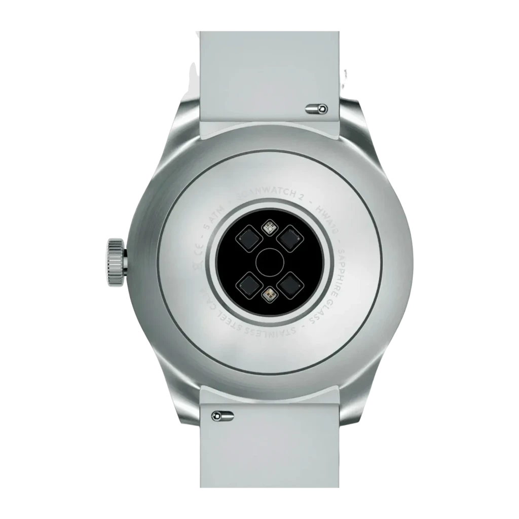 Withings ScanWatch 2 42mm Blanco, vista frontal en ángulo: esfera blanca con pantalla ECG, corona y correa gris - Ítem2