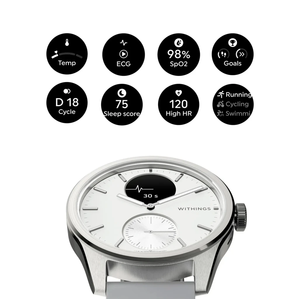 Withings ScanWatch 2 42mm Blanco, vista frontal en ángulo: esfera blanca con pantalla ECG, corona y correa gris - Ítem3