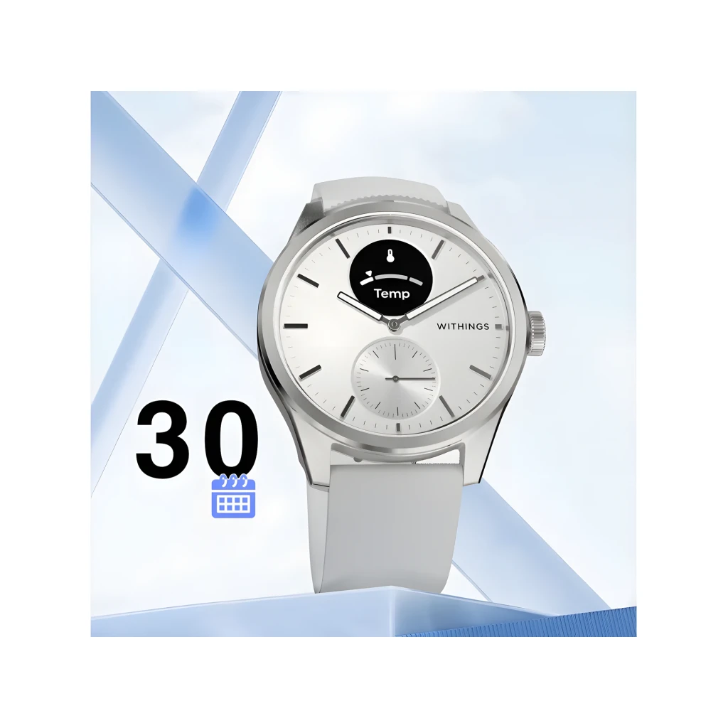Withings ScanWatch 2 42mm Blanco, vista frontal en ángulo: esfera blanca con pantalla ECG, corona y correa gris - Ítem4
