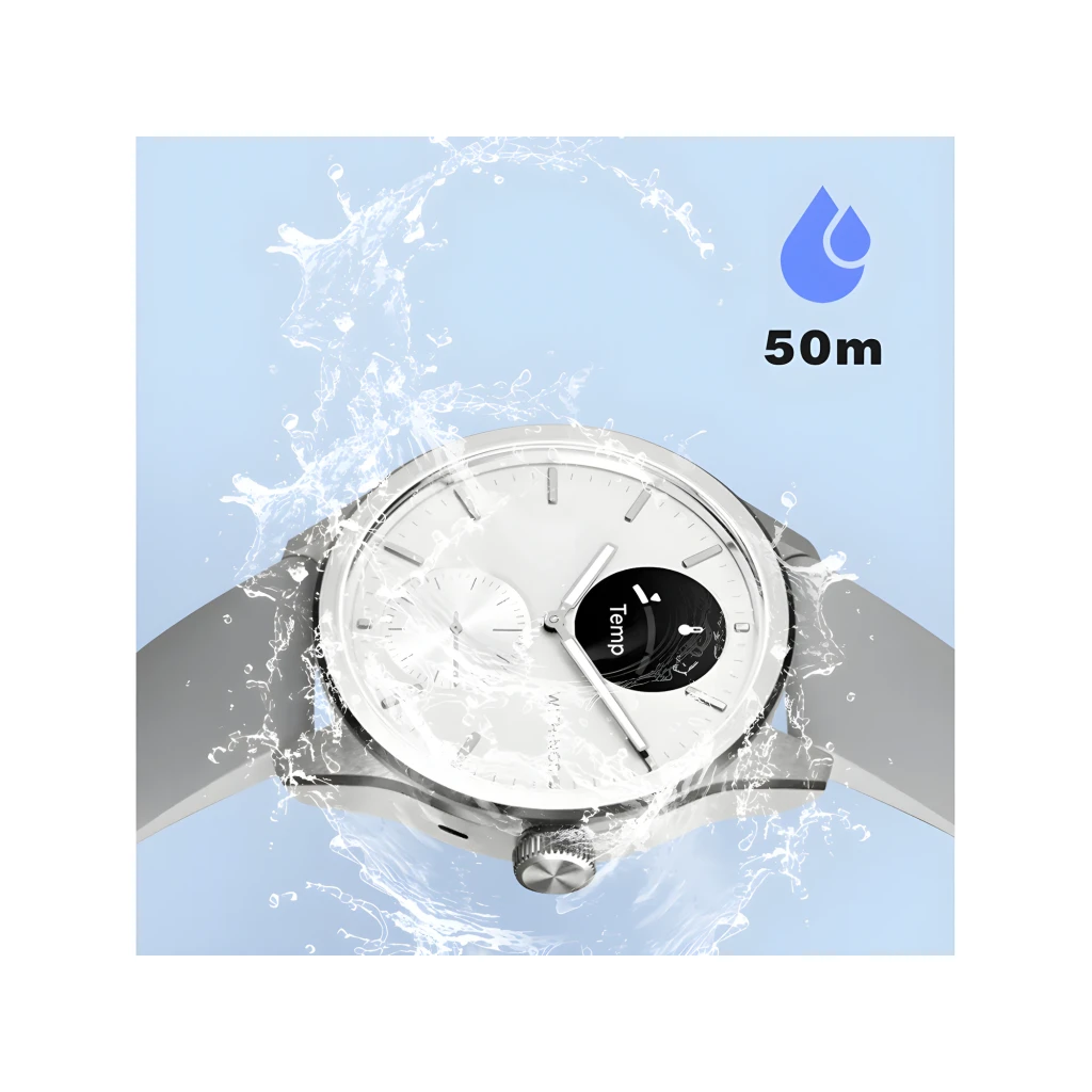 Withings ScanWatch 2 42mm Blanco, vista frontal en ángulo: esfera blanca con pantalla ECG, corona y correa gris - Ítem5