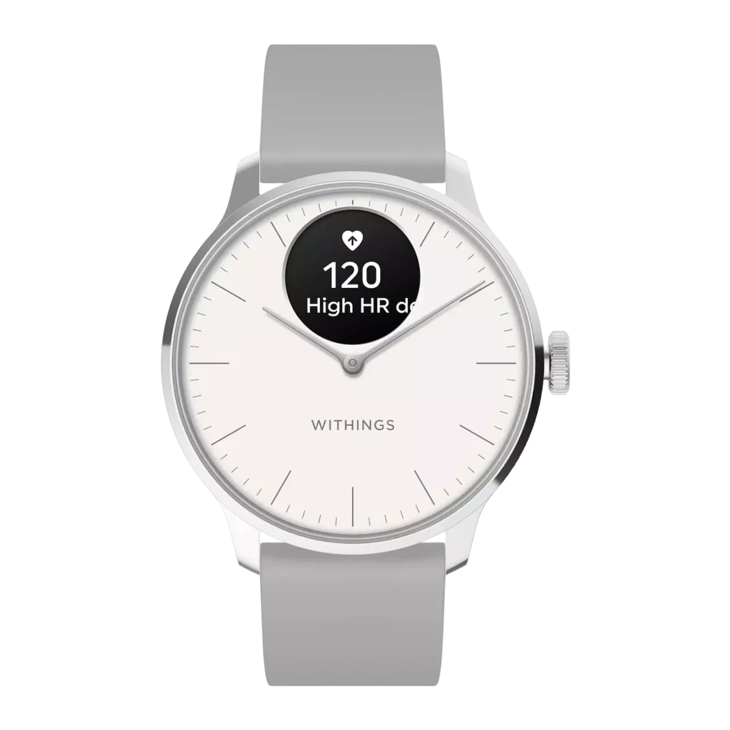 Withings ScanWatch 2 42mm Blanco, vista frontal en ángulo: esfera blanca con pantalla ECG, corona y correa gris - Ítem1