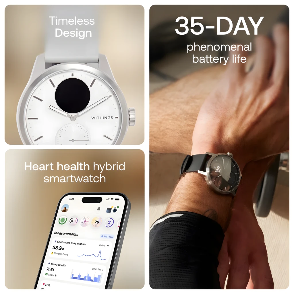 Withings ScanWatch 2 42mm Blanco, vista frontal en ángulo: esfera blanca con pantalla ECG, corona y correa gris - Ítem6