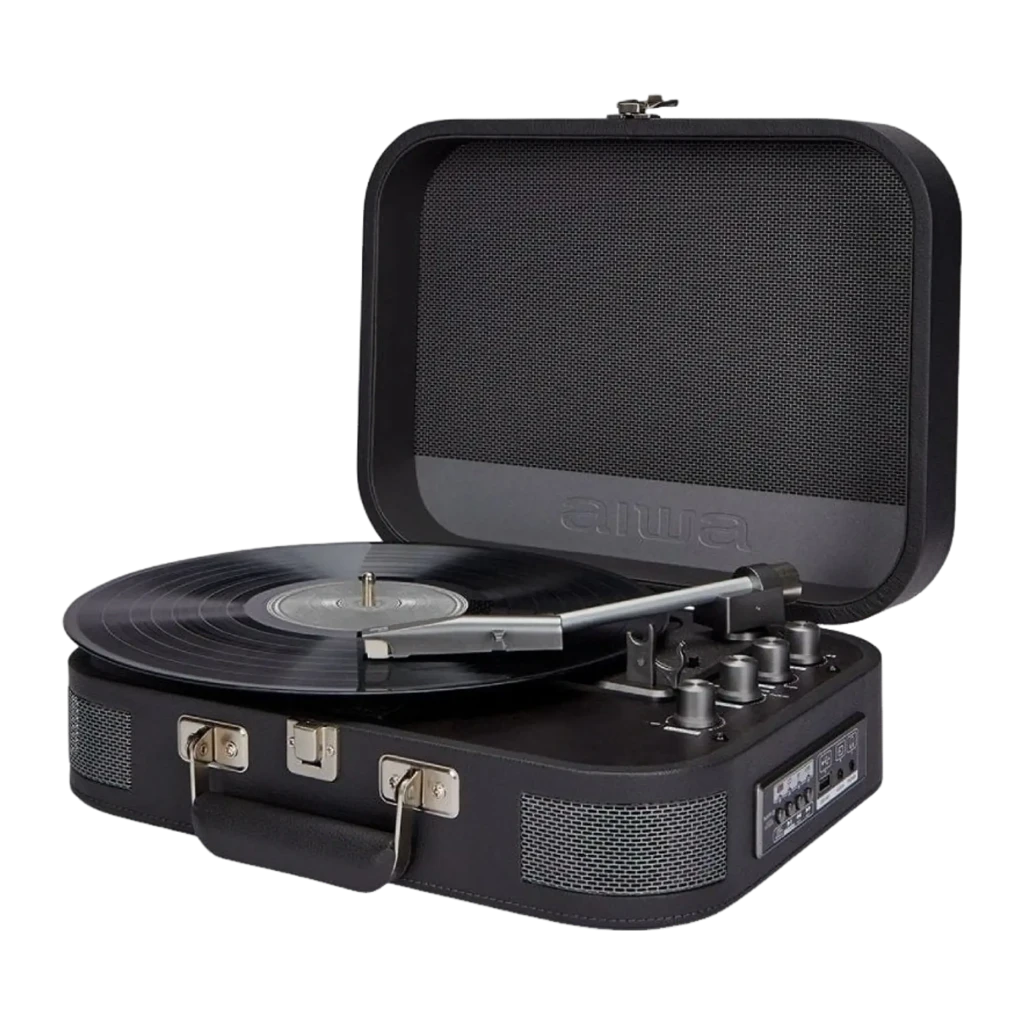 Aiwa VPX-1951TN negro, vista frontal abierto: plato con vinilo, brazo tonearm, altavoces laterales y tapa con rejilla - Ítem1