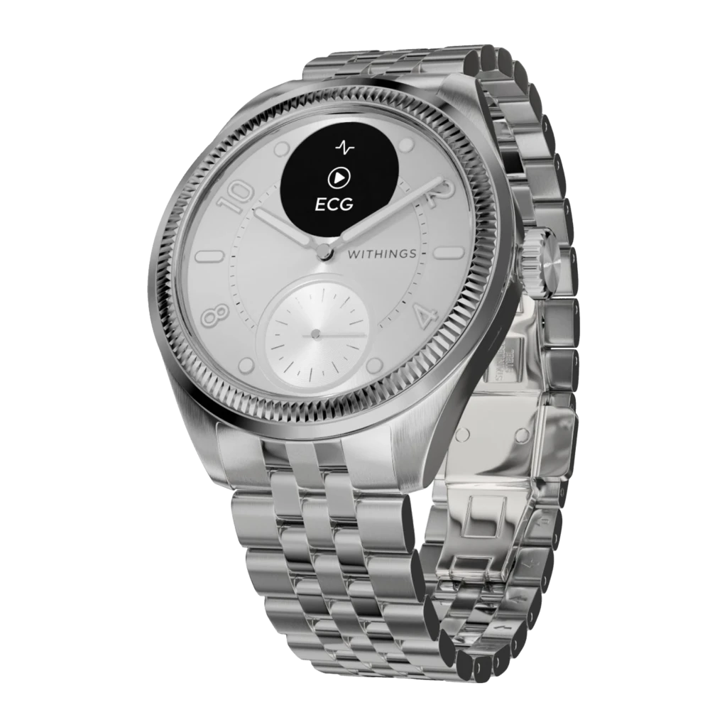 Withings ScanWatch Nova Brilliant 39mm Titanium Silver gris, vista lateral izquierda: pantalla OLED con sensor de - Ítem1