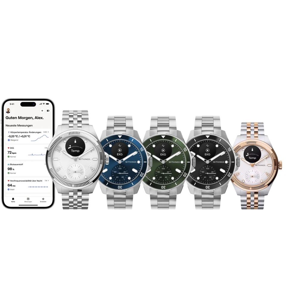 Withings ScanWatch Nova Brilliant 39mm Titanium Silver gris, vista lateral izquierda: pantalla OLED con sensor de - Ítem3