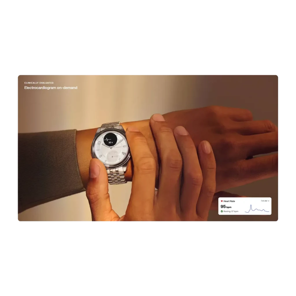 Withings ScanWatch Nova Brilliant 39mm Titanium Silver gris, vista lateral izquierda: pantalla OLED con sensor de - Ítem6