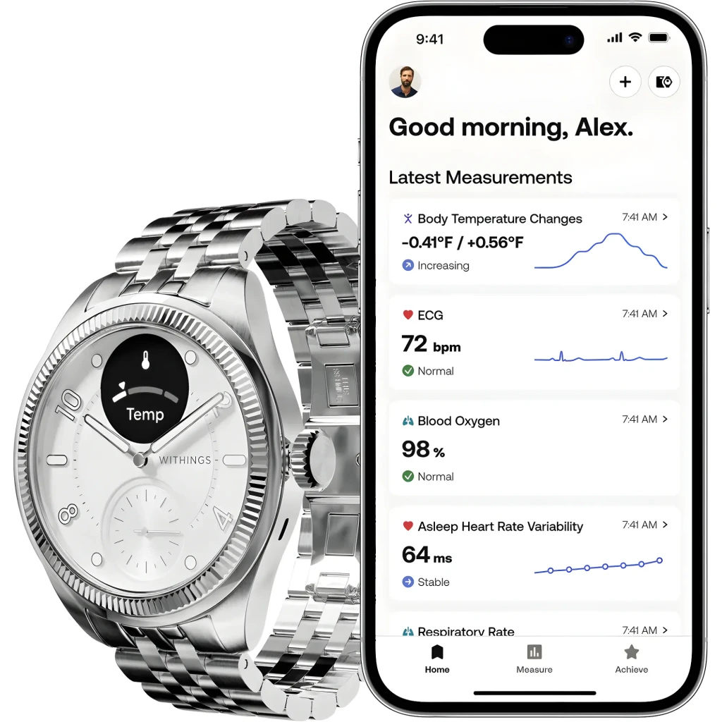 Withings ScanWatch Nova Brilliant 39mm Titanium Silver gris, vista lateral izquierda: pantalla OLED con sensor de - Ítem5