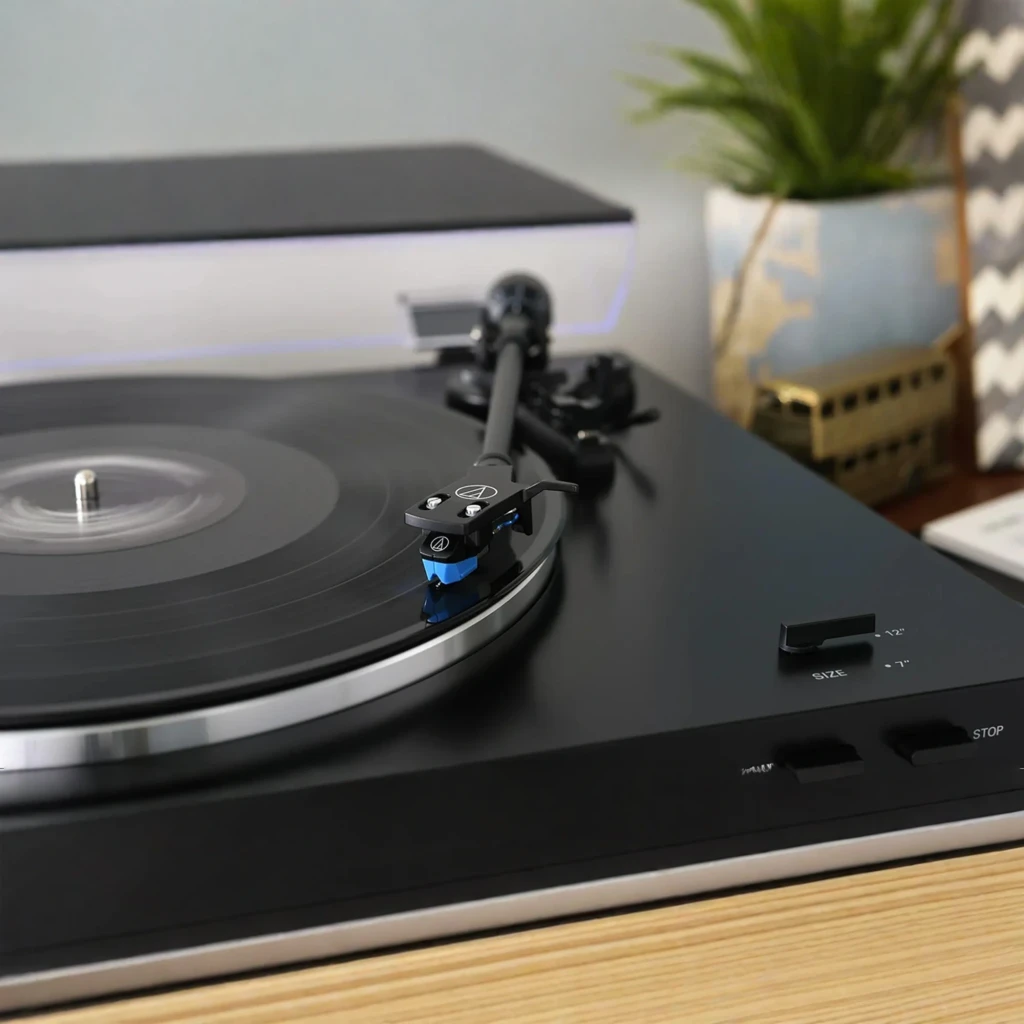 Audio-Technica AT-LP3XBTBK platine vinyle noir, vue avant en angle: couvercle acrylique ouvert, plateau avec tapis et bras - Ítem5