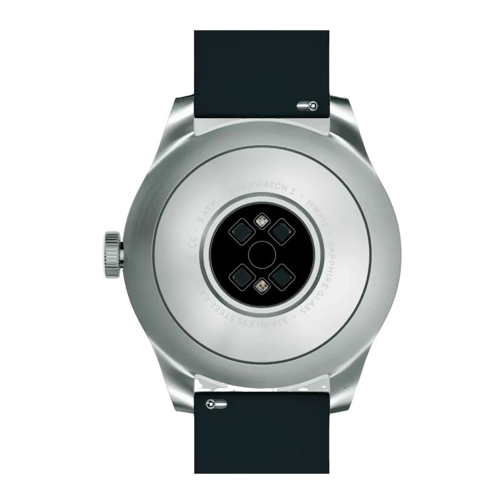 Withings ScanWatch 2 42mm negro, vista en ángulo: esfera negra mostrando función EKG, correa silicona y corona lateral - Ítem2