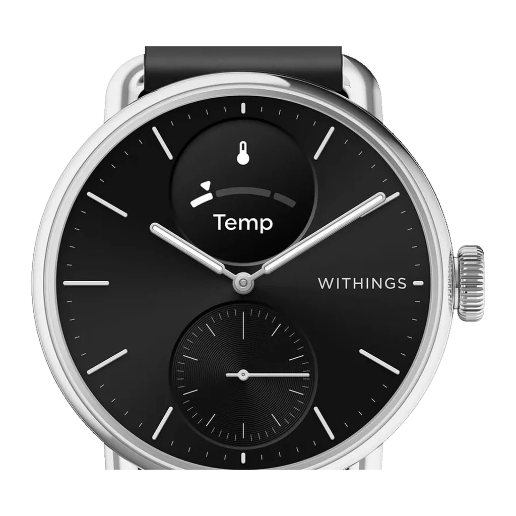 Withings ScanWatch 2 42mm negro, vista en ángulo: esfera negra mostrando función EKG, correa silicona y corona lateral - Ítem3