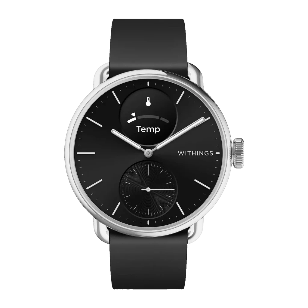 Withings ScanWatch 2 42mm negro, vista en ángulo: esfera negra mostrando función EKG, correa silicona y corona lateral - Ítem1