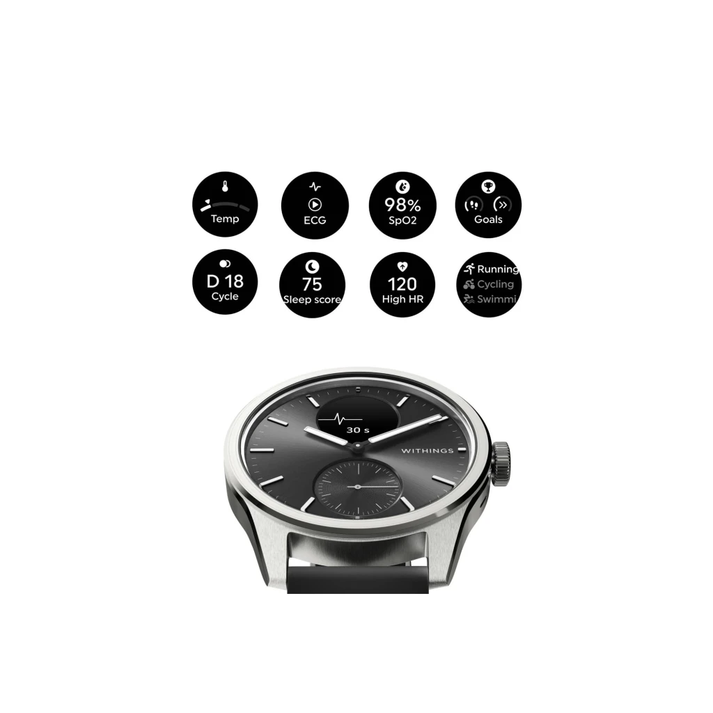 Withings ScanWatch 2 42mm negro, vista en ángulo: esfera negra mostrando función EKG, correa silicona y corona lateral - Ítem4