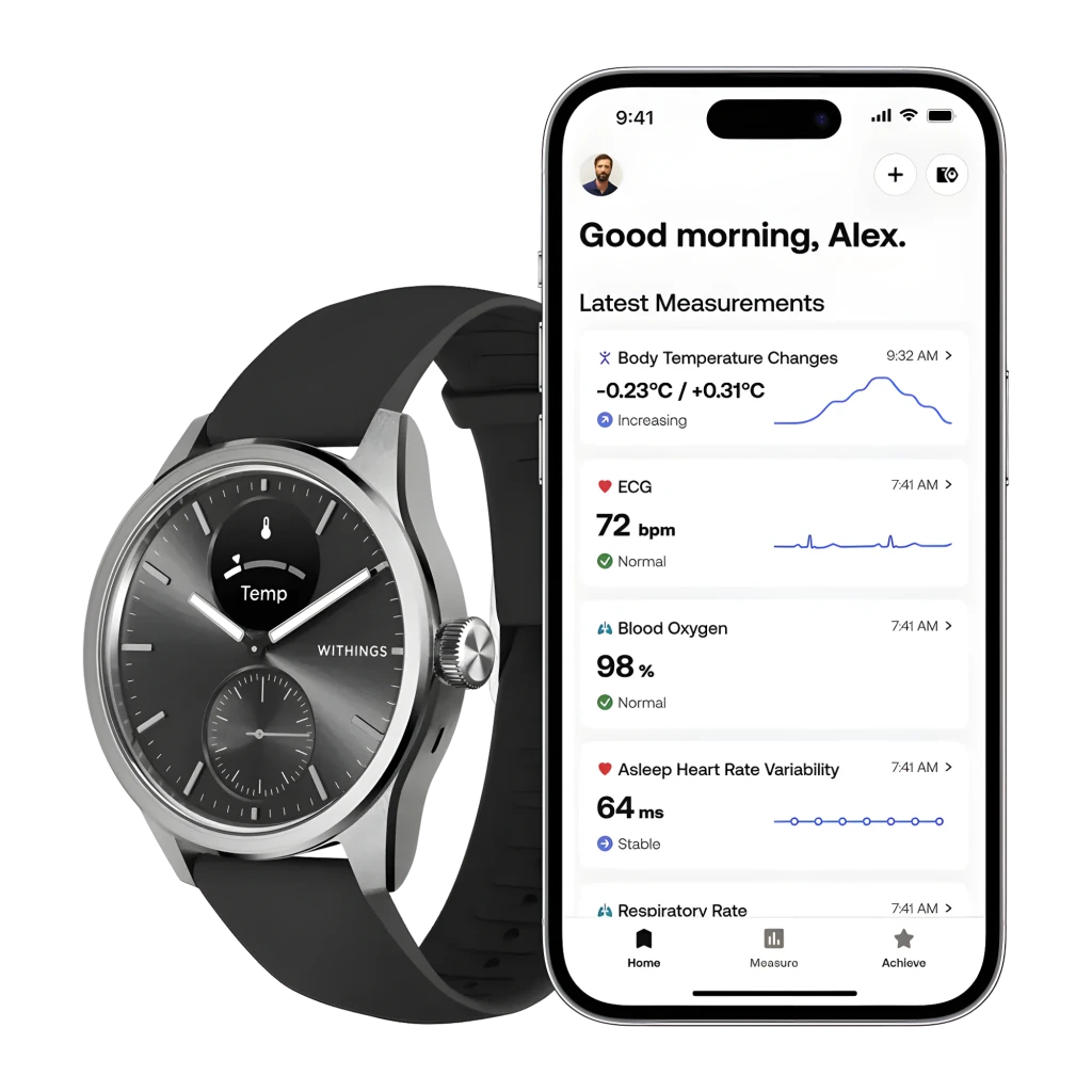 Withings ScanWatch 2 42mm negro, vista en ángulo: esfera negra mostrando función EKG, correa silicona y corona lateral - Ítem5