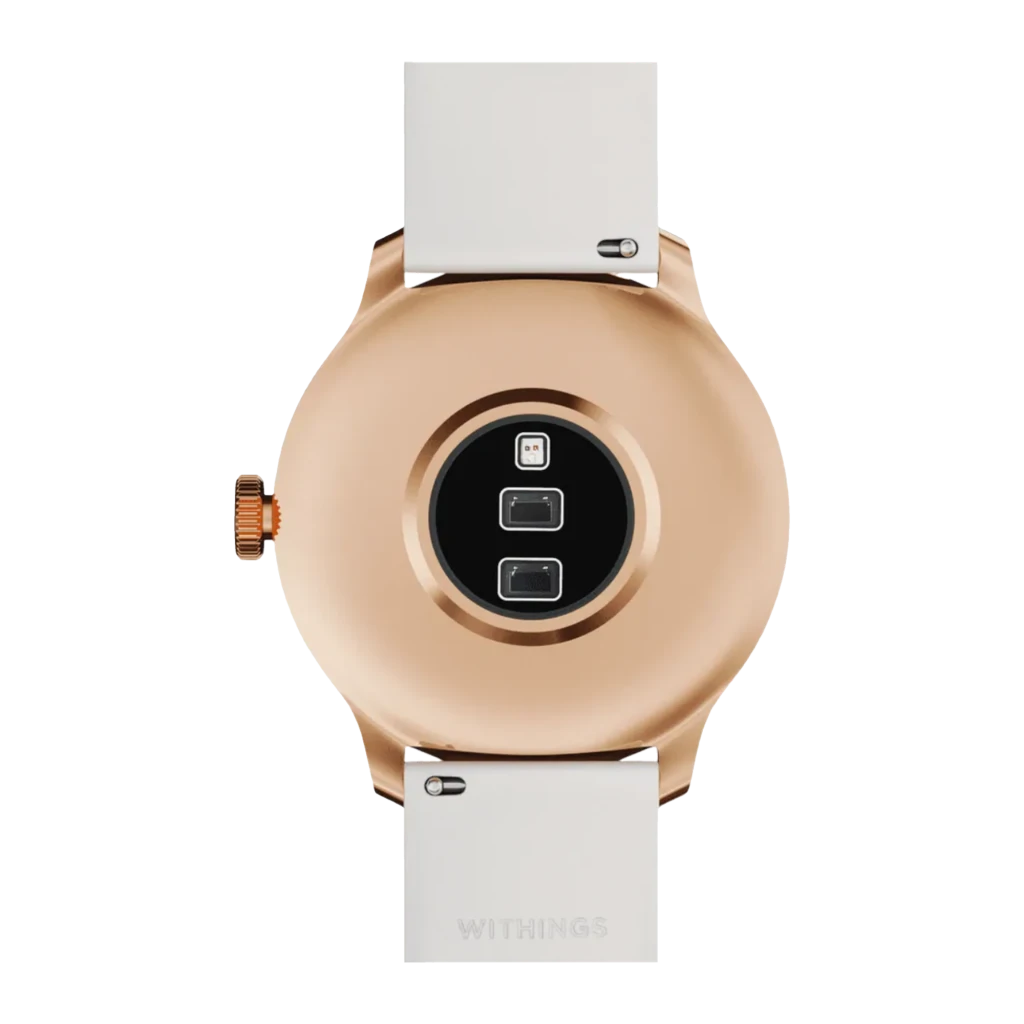 Withings ScanWatch Light oro rosa arena, vista en ángulo: corona lateral visible, esfera con pantalla OLED 120 y correa con - Ítem2