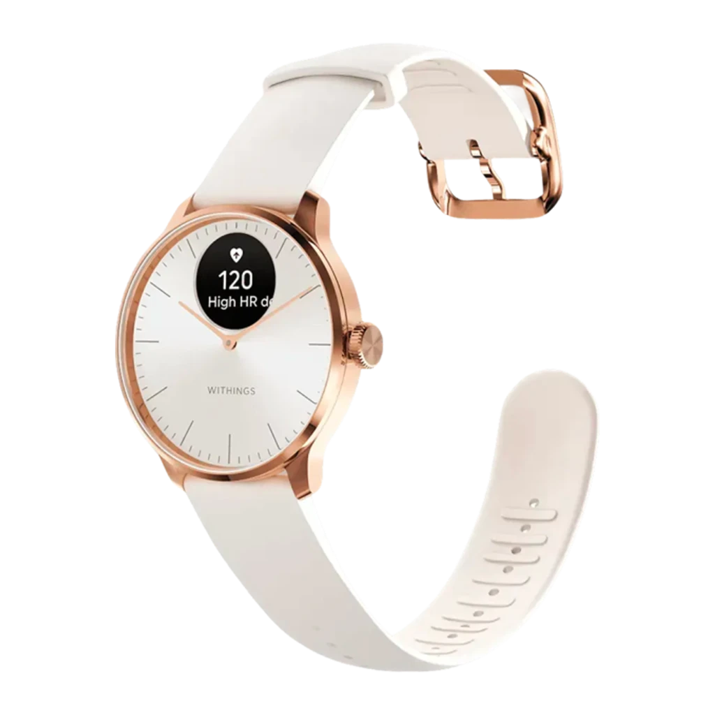 Withings ScanWatch Light oro rosa arena, vista en ángulo: corona lateral visible, esfera con pantalla OLED 120 y correa con - Ítem3