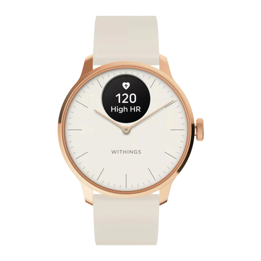 Withings ScanWatch Light oro rosa arena, vista en ángulo: corona lateral visible, esfera con pantalla OLED 120 y correa con - Ítem1