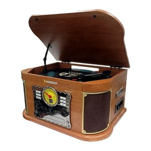 Sunstech PXRC52CD madera, vista frontal 3/4 tapa abierta: plato giradiscos, dial radio FM retro y ranura cassette visibles