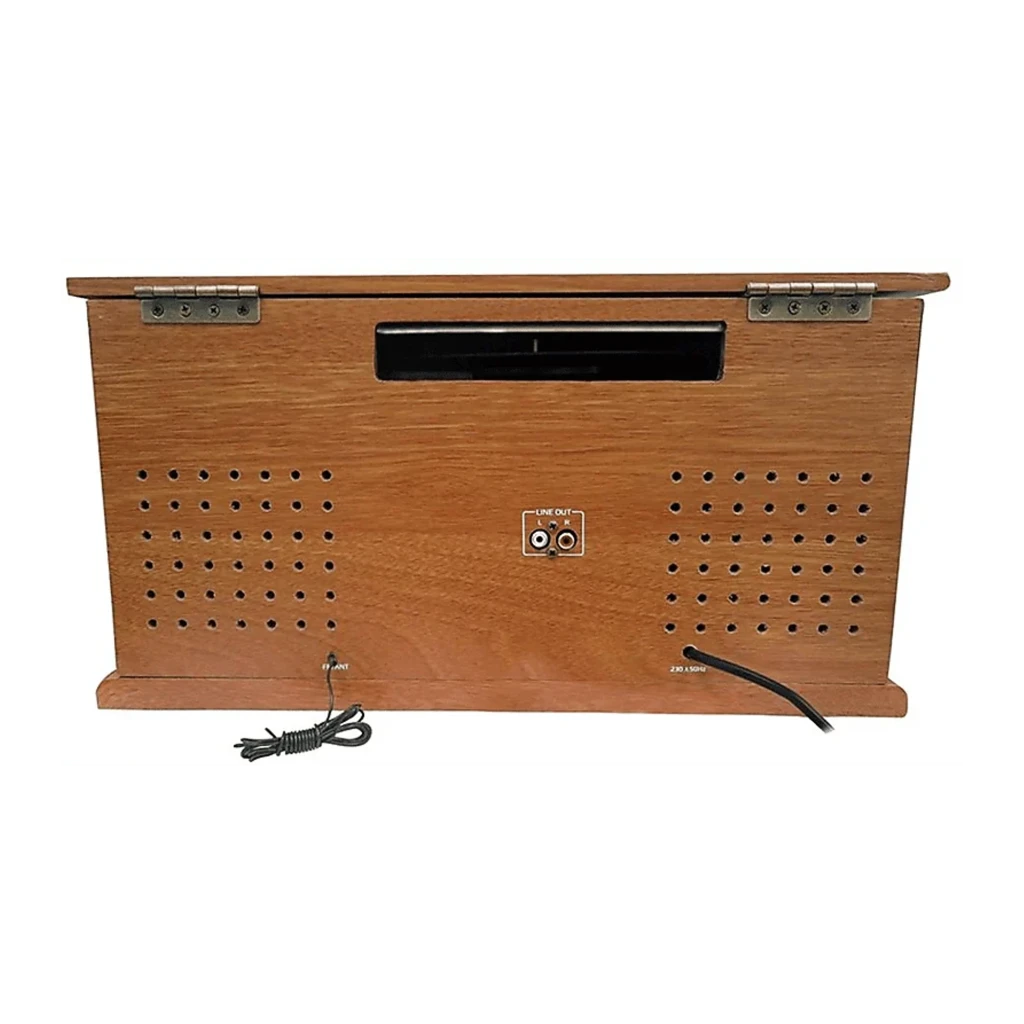 Sunstech PXRC52CD madera, vista frontal 3/4 tapa abierta: plato giradiscos, dial radio FM retro y ranura cassette visibles - Ítem1