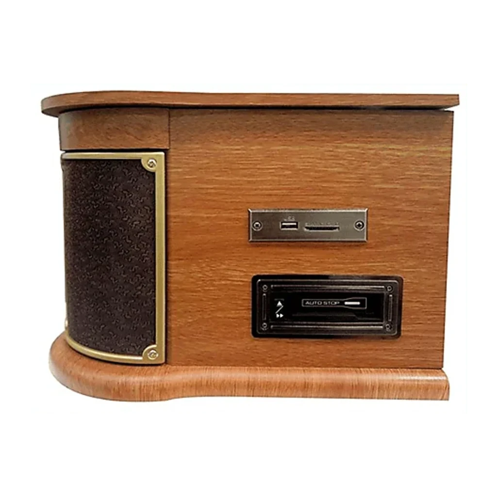 Sunstech PXRC52CD madera, vista frontal 3/4 tapa abierta: plato giradiscos, dial radio FM retro y ranura cassette visibles - Ítem2
