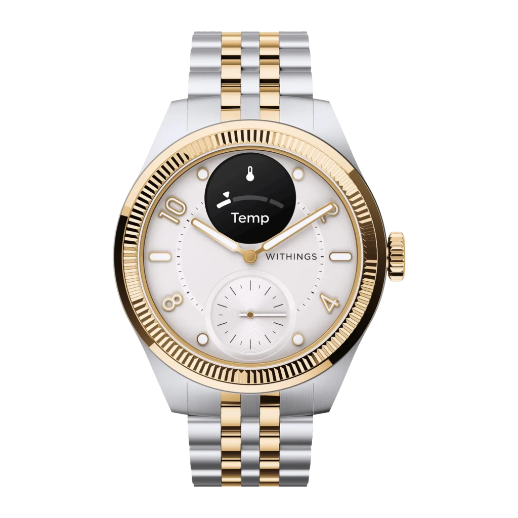 Withings ScanWatch Nova 39mm dorado, vista en ángulo lateral derecho: pantalla ECG, corona dorada y reverso del brazalete - Ítem1