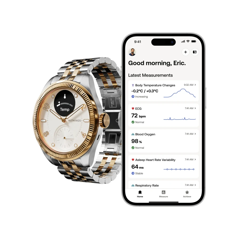 Withings ScanWatch Nova 39mm dorado, vista en ángulo lateral derecho: pantalla ECG, corona dorada y reverso del brazalete - Ítem3