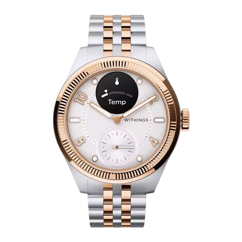 Withings ScanWatch Nova 39mm dorado, vista en ángulo lateral derecho: pantalla ECG, corona dorada y reverso del brazalete - Ítem2