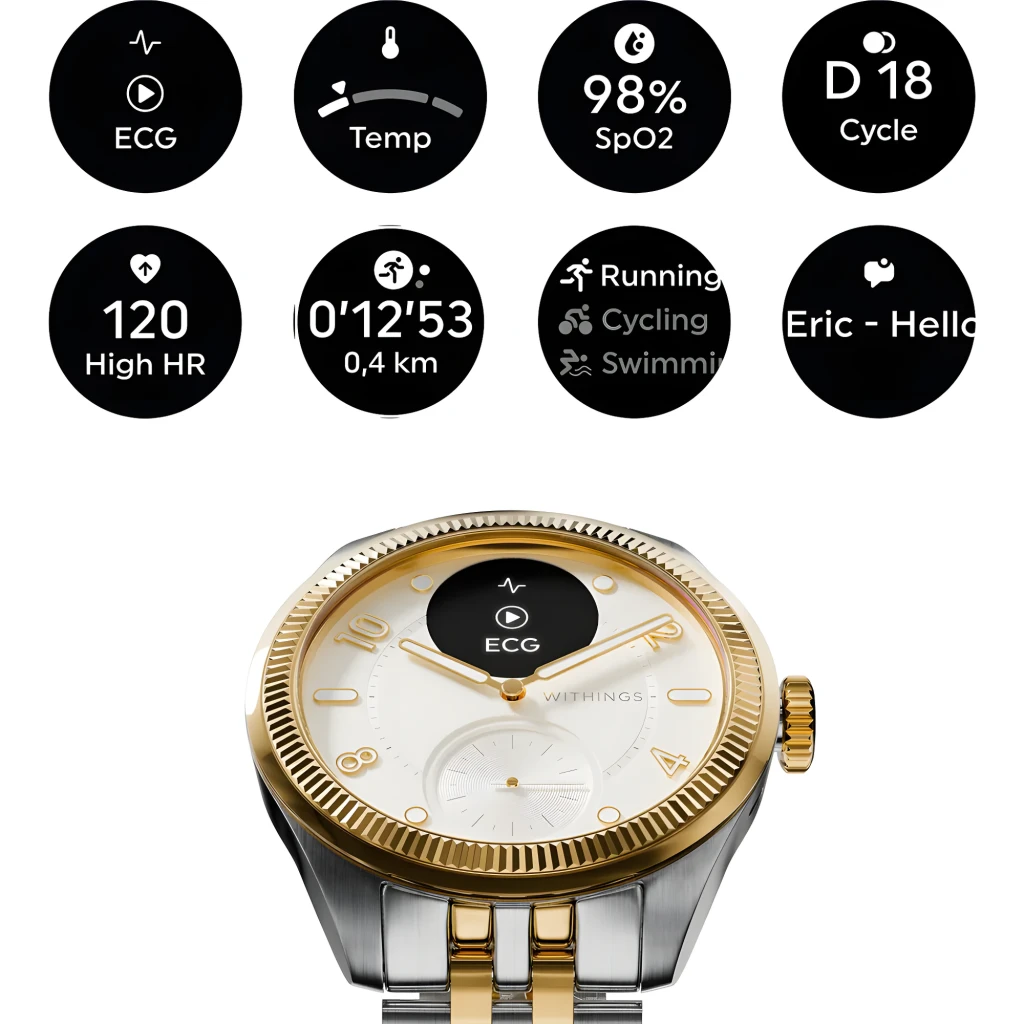Withings ScanWatch Nova 39mm dorado, vista en ángulo lateral derecho: pantalla ECG, corona dorada y reverso del brazalete - Ítem5