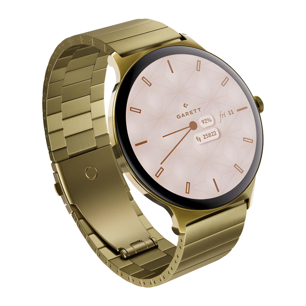 Garett Verona 2 SET 43mm Glow Mesh dorado, vista en ángulo: esfera redonda con números romanos y correa metálica eslabonada - Ítem2