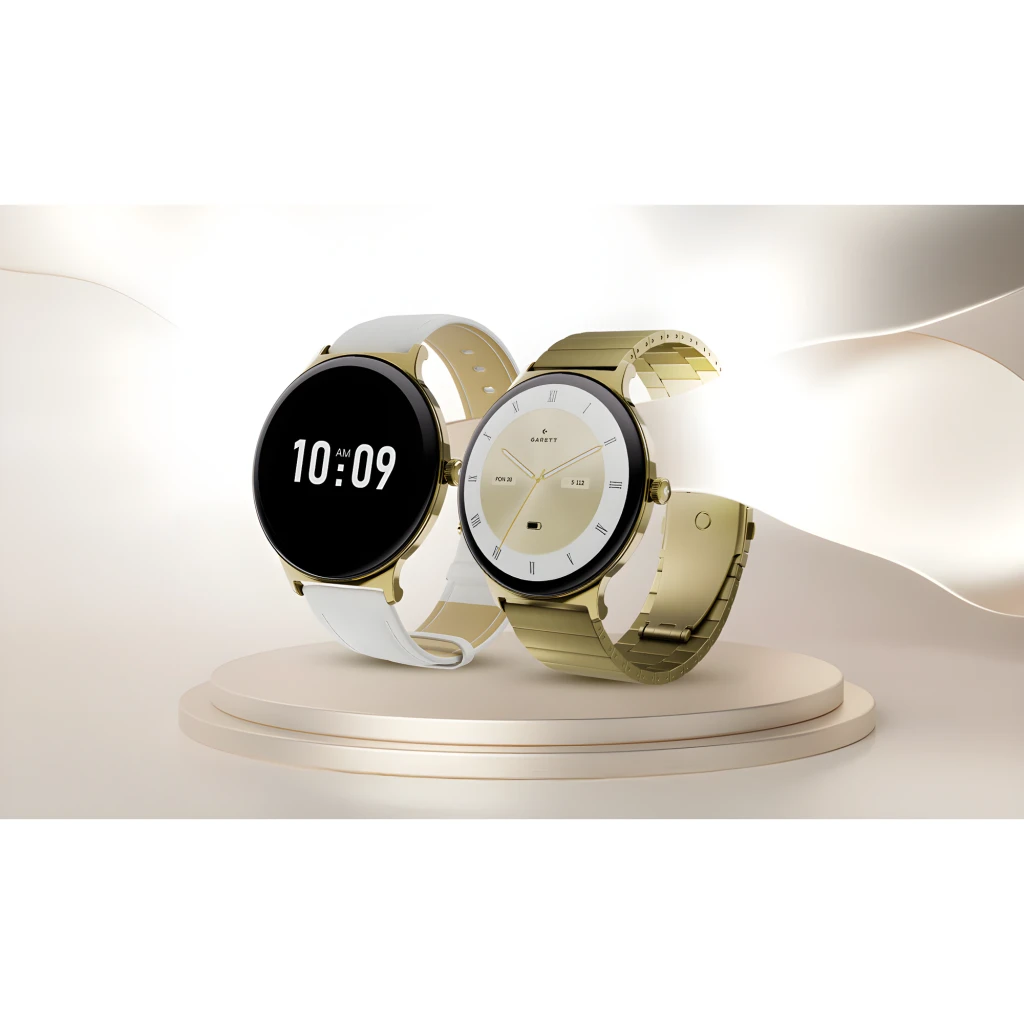 Garett Verona 2 SET 43mm Glow Mesh dorado, vista en ángulo: esfera redonda con números romanos y correa metálica eslabonada - Ítem3