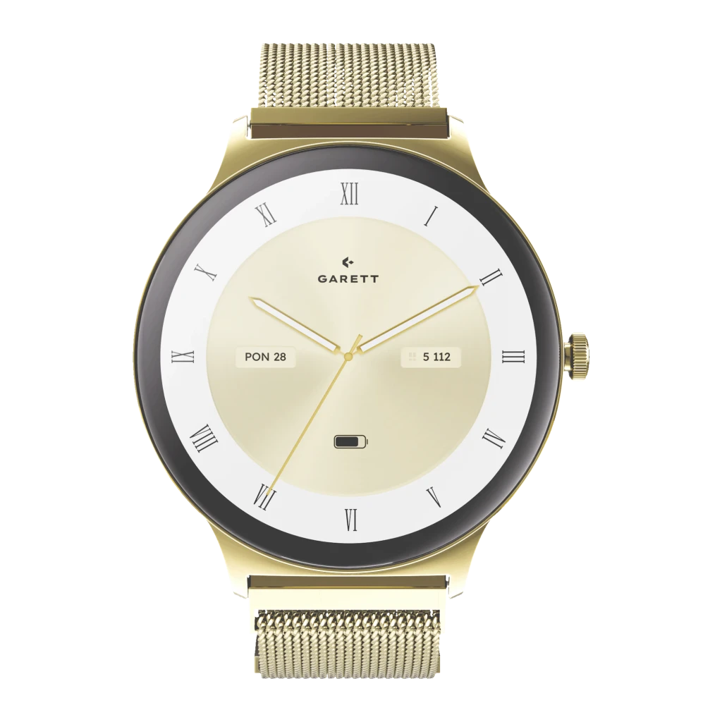 Garett Verona 2 SET 43mm Glow Mesh dorado, vista en ángulo: esfera redonda con números romanos y correa metálica eslabonada - Ítem1