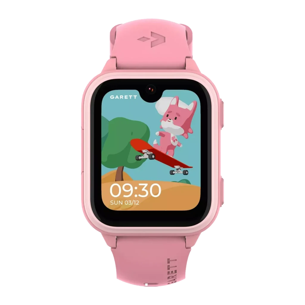 Garett Kids Vibe 4G 8GB rosa, vista en ángulo: lateral derecho con botones SOS visibles, correa con logo Garett - Ítem1