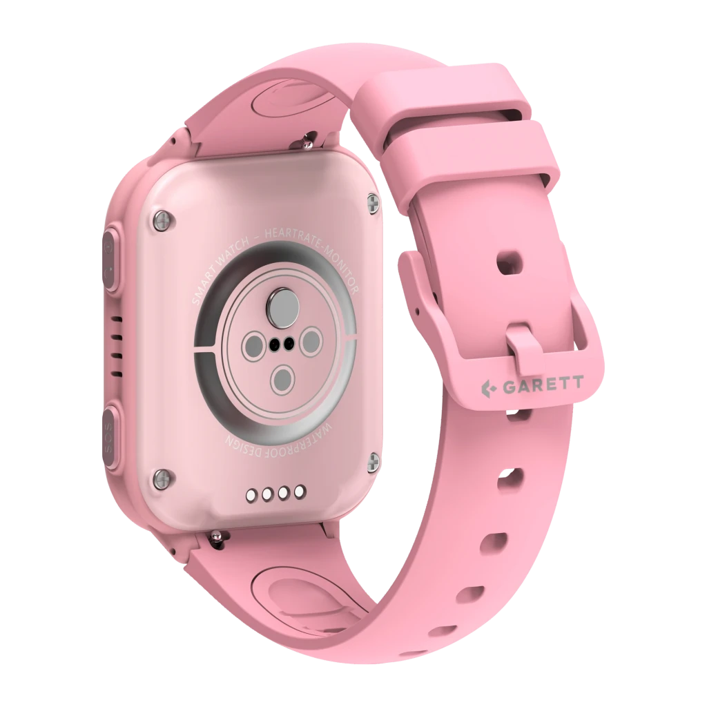 Garett Kids Vibe 4G 8GB rosa, vista en ángulo: lateral derecho con botones SOS visibles, correa con logo Garett - Ítem2