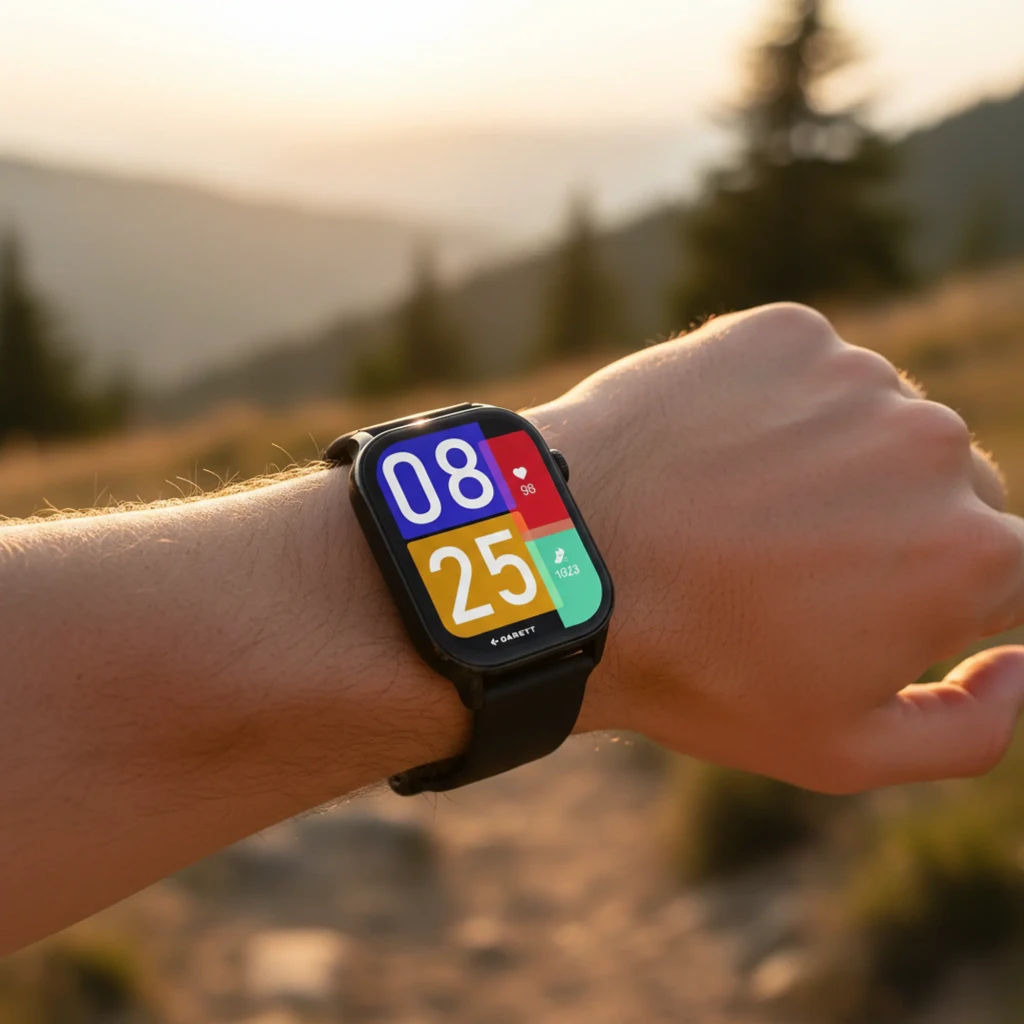 Garett GRC Activity 3 SmartWatch negro, vista frontal izquierda: pantalla colorida con hora, frecuencia cardíaca y pasos, - Ítem4