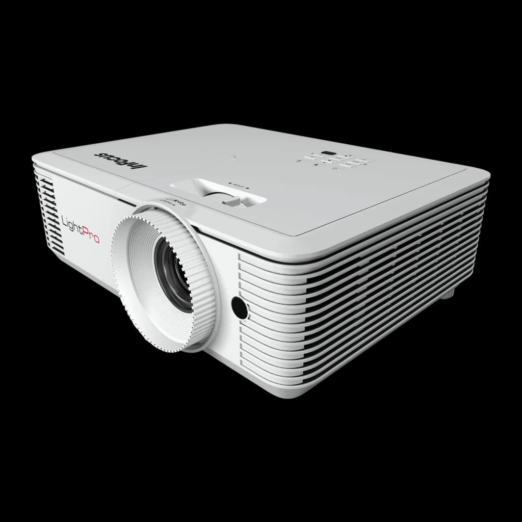 InFocus Vista II IN0048SL 4400lm Blanco, vista en perspectiva: panel superior con botones, lente frontal y rejillas de
